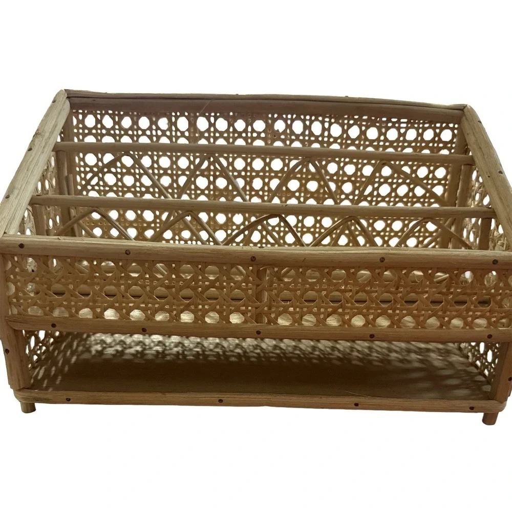 Vintage 70s Wicker Rattan Organizer Basket Shelf Boho Woven Desk Decor Beige